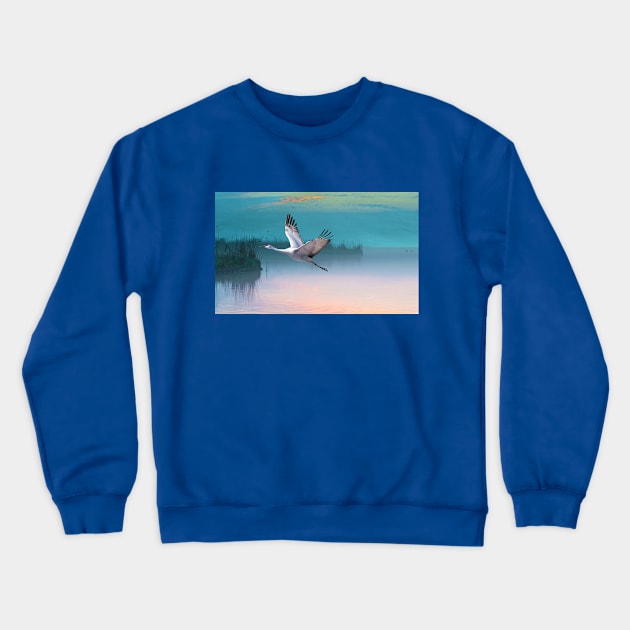 Sandhill Crane and Misty Marshes Crewneck Sweatshirt by lauradyoung